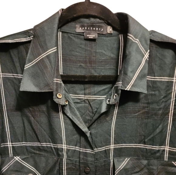 Sanctuary Plaid Boyfriend Shirt Dark Green With White Stripes Button Up Size Med - Picture 4 of 6